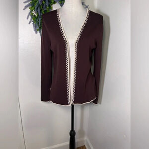 BCBG Maxazria, L, Longngsleeve ponte knit brown ivory embroidered trim, cardigan